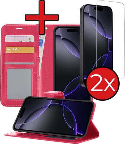 Hoesje - Met 2x Screenprotector - Geschikt voor Apple iPhone 16 Pro - Luxe Pasjeshouder - Flip Case - Bookcase Portemonee - Kunstleer Book Case - Flipcase Hoes - Book Cover - Walletcase - Portemonneehoes - Telefoonhoes - Donkerroze