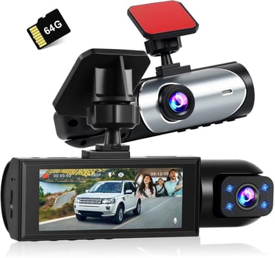 Thijox - Dashcam 3,16 inch Full HD 1080p met 64GB geheugenkaart, dubbele lens voor en achter, nachtzicht, lusopname - Mini-autocamera voor alle voertu