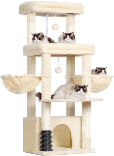 Krabpaal voor grote katten en Maine Coon, met 2 grote platforms, 2 manden, ruim nest en bontkam, beige MPJ070M