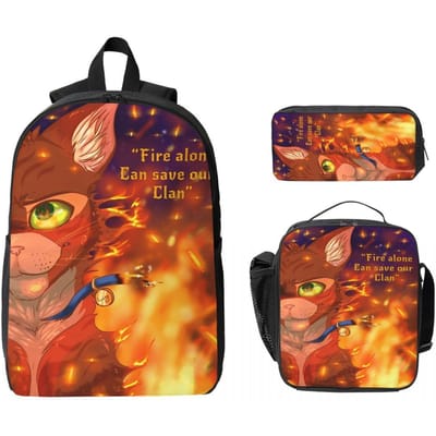 Warrior Cats Rugzak voor Kinderen Lunchbox Etui voor Jongens Meisjes Rugzakken Schooltas Boekentas Set black
