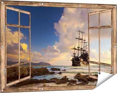 Gards Tuinposter Doorkijk Piratenschip aan de Kust bij Zonsondergang - 120x80 cm - Tuindoek - Tuindecoratie - Wanddecoratie buiten - Tuinschilderij