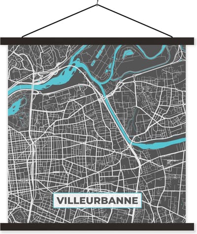 Posterhanger incl. Poster 60x60 cm - Schoolplaat - Frankrijk - Plattegrond - Stadskaart - Villeurbanne - Kaart - Textielposter - Zwarte latten - Stadskaart