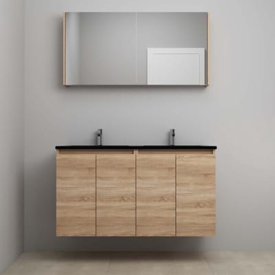On-Line Badkamermeubelset - 120 cm - Bouwpakket - Greeploze Ladestructuur - Acryl Wastafel - 2 Kraangaten - Spiegelkast - Eiken - V02