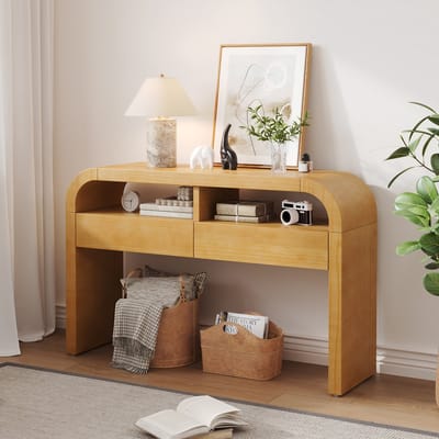 Smalle Haltafel Met Lades - Gebogen Front En Verstelbare Poten - Modern Design - Natuurlijke Houtlook - 120 cm