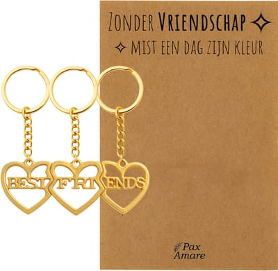BFF Sleutelhanger voor 3 'Zonder Vriendschap mist een dag zijn kleur' - 3 hartjes - Best Friends - Sleutelhanger set op Cadeau Kaartje - Goudkleurig - Vriendschap Symbool - Pax Amare