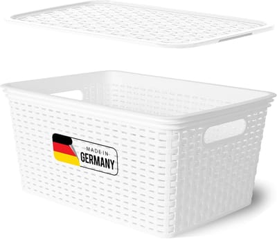 Novaliv opbergbox met deksel, grote mand 14L, wit in rotan design, voedselveilige opbergmand, stapelbare box, nestbare kunststof, BPA-vrije box, stofbox met deksel