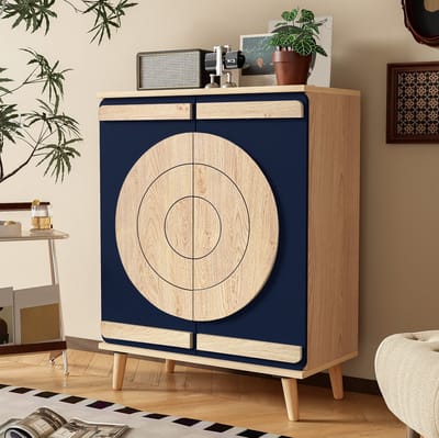 DESMIU Schoenenkast - Geometrische Deuren Met Meerlaagse Opbergruimte - Voor Hal En Gang - Spaanplaat - 76x37x98,5 Cm - Blauw Naturel