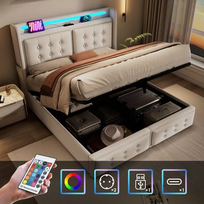 Tweepersoonsbed 180x200 cm met led-lampjes en 2 stopcontacten + 1 USB + 1 Type-C - bed met houten lattenbodem en metalen frame - Katoen - Beige