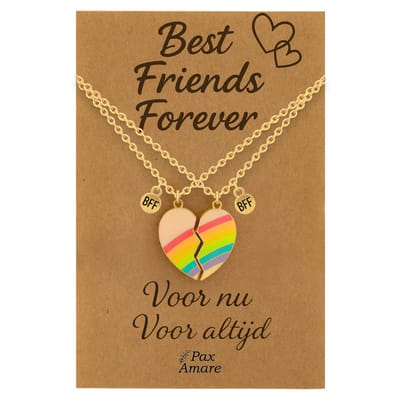 BFF Ketting voor 2 'Best Friends Forever' - Magnetisch Regenboog Hartje - Vriendschapsketting op Cadeau Kaartje - 45cm + 5cm verstelbaar - Goudkleurig - Best Friends Hanger - Pax Amare
