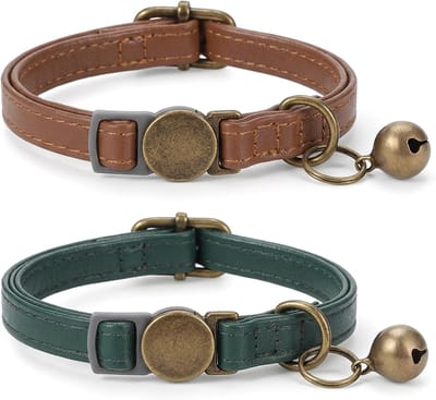 2 STUKS Veiligheids Kattenhalsband met Bel - Zacht PU Leer Kitten Halsband met Oud Messing Gesp - Verstelbaar Huisdierhalsband voor Kleine Katten Puppy's
