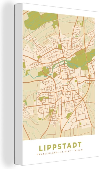 Canvas Schilderij Plattegrond - Vintage - Lippstadt - Kaart - Stadskaat - 20x30 cm - Wanddecoratie