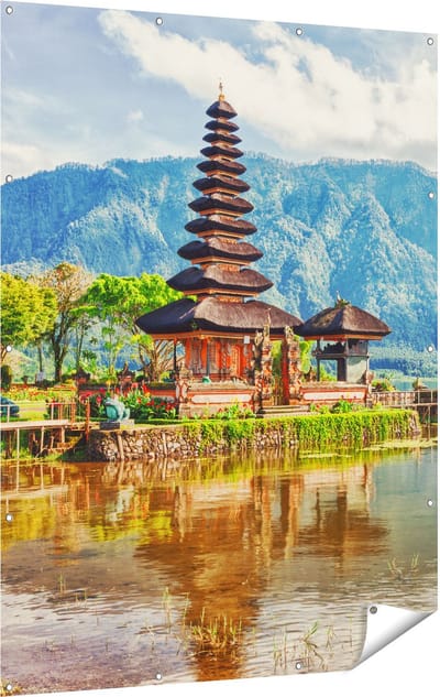 Gards Tuinposter Pura Tempel in Bali op het meer Beratan - 120x160 cm - Tuindoek - Tuindecoratie - Wanddecoratie buiten - Tuinschilderij