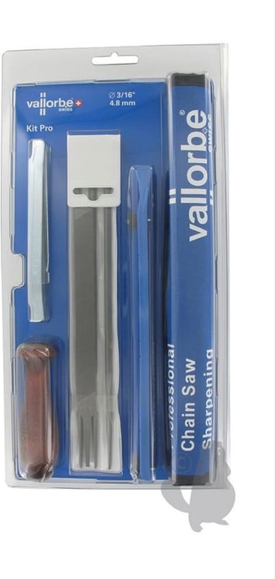 Blister VALLORBE met 3 ronde vijlen Ø 3/16" (4,8 mm) voor zaagketting .325", een platte vijl, een vijlhouder, een handvat, een dieptesteller, een zaagbladgroefreiniger en een zakje.