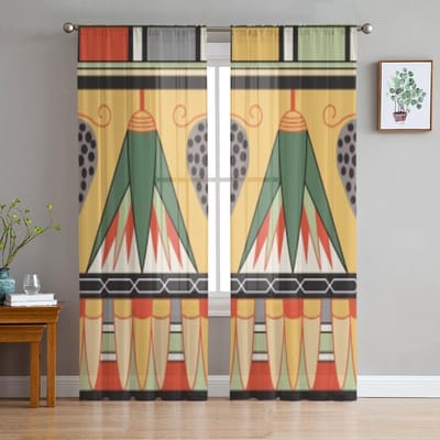 Kleurrijk Oud-Egyptisch Ornament Tule Transparante Gordijnen voor Woonkamer Slaapkamer Keukendecoratie Voile Organza Gordijnen 135W x 114H(cm) beige