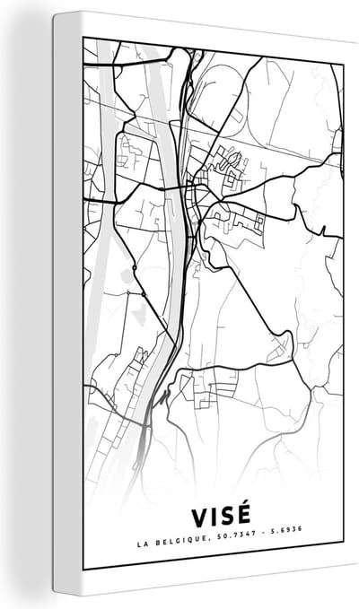 Canvas Schilderij België – Visé – Stadskaart – Kaart – Zwart Wit – Plattegrond - 20x30 cm - Wanddecoratie