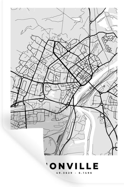 Muurstickers - Sticker Folie - Thionville - Plattegrond - Frankrijk - Kaart - Stadskaart - 20x30 cm - Plakfolie - Muurstickers Kinderkamer - Zelfklevend Behang - Zelfklevend behangpapier - Stickerfolie