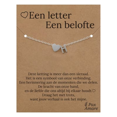 Letter H Armband op Cadeau Kaartje - Een letter, een belofte - 15,5cm + 5,5cm verstelbaar Zilverkleurig Stainless Steel - Initiaal & Hartje Hanger - Pax Amare