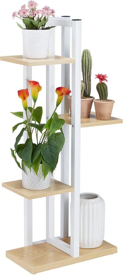 Famanu – Metalen plantenrek met 4 etages voor binnen, woonkamer, afmetingen 93 x 42,5 x 22,5 cm, plantentrap in lichtbruin