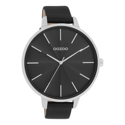 OOZOO Timepieces - Zilverkleurige OOZOO horloge met zwarte leren band - C11258