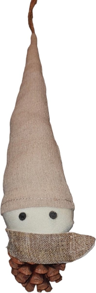 House of Seasons Set van 7 ,Kersthanger dennenappel met muts beige H29 x D7cm