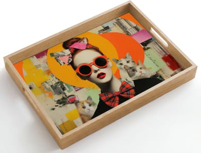 Dienblad hout 50x35 cm - Schootdienblad - Vrouw - Bril - Strik - Retro - Borrelplank rechthoek - Plateau dienbladen