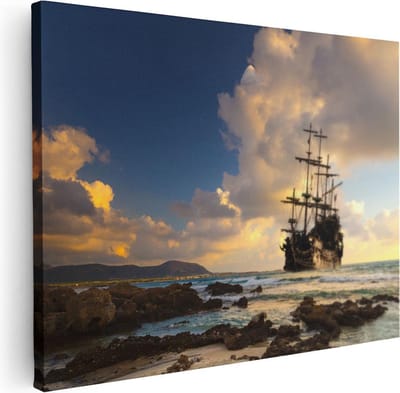 Artaza Canvas Schilderij Zeilschip - 40x30 cm - Klein - Wanddecoratie Zonsondergang - Muurdecoratie Strand Zee - Kamer Accessoires Woonkamer