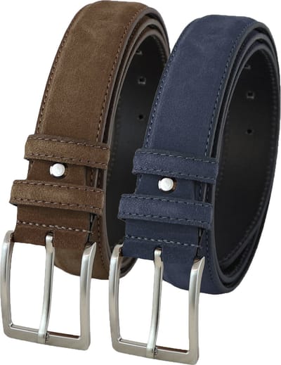 Landley Suede Pantalon Riemen Set - Suède Leren Heren Riemen Duopack - Leer - Bruin en Blauw - Lengte totaal 120 cm / Riemmaat 105