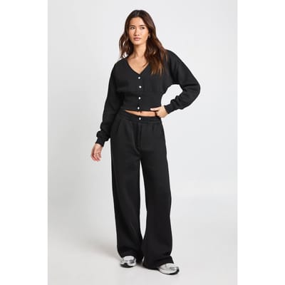 boohoo Dames V-Hals Sweatshirt met Diepe Zoom en Getailleerde Joggingbroek Trainingspak | Black | Maat: XS