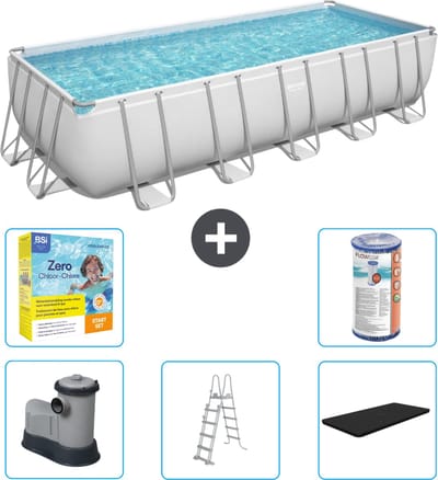 Bestway Rechthoekig Power Steel Zwembad - 640 x 274 x 132 - Grijs - Inclusief Pomp - Ladder - Afdekzeil Onderhoudspakket - Filter