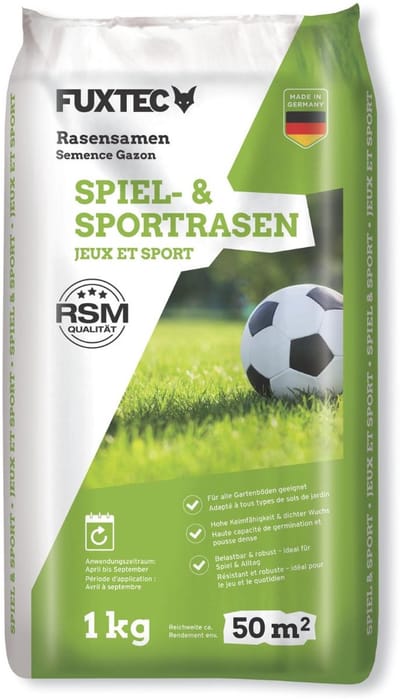 FUXTEC gazonzaad speel- & sportgras FX-RSSP1, robuust graszaad voor nieuwe en herinzaai, hoge kiemkracht, 1 kg voor ca. 50 m²