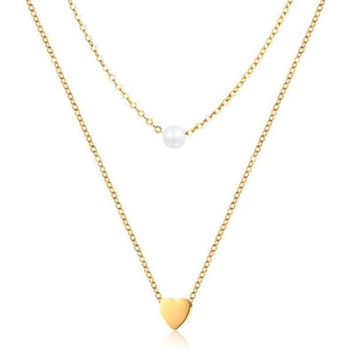 Dubbele ketting Edelstaal verguldkleurig Heart Pearl