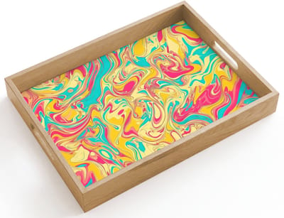 Dienblad hout 40x30 cm - Schootdienblad - Geel - Roze - Blauw - Retro - Borrelplank rechthoek - Plateau dienbladen