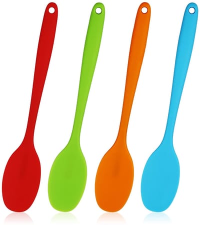 lepel, 27,7 cm, hittebestendig, baklepel, serveerlepel, siliconen kookgerei, eendelig design, siliconen lepel voor keuken, koken, roeren (27,7 cm lang), 4 stuks