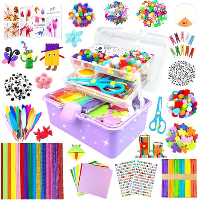 DIY knutselset voor kinderen 3000-delig – Handgemaakte creatieve knutselmaterialen met vilten pompons – 4-10 jaar, verjaardag, feestdagen – Paarse opbergdoos / Veilig & duurzaam