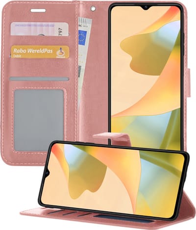 Hoesje - Met Pasjeshouder - Geschikt voor OPPO A16 - Luxe Bookcase Portemonee - Flip Case - Kunstleer Book Case - Flipcase - Book Cover - Walletcase - Portemonneehoes - Telefoonhoesjes - Rosé goud
