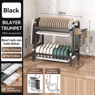 Afdruiprek Schaalrekken Keukengerei Opbergrek met Afdruipplaat Set Meerlaags Grote Capaciteit Afdruiprek met Bestekhouder Black same product black