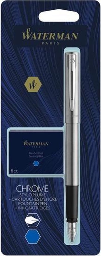 Waterman Allure-vulpen | Chroom | Fijne penpunt | Inclusief 6 korte blauwe inktpatronen