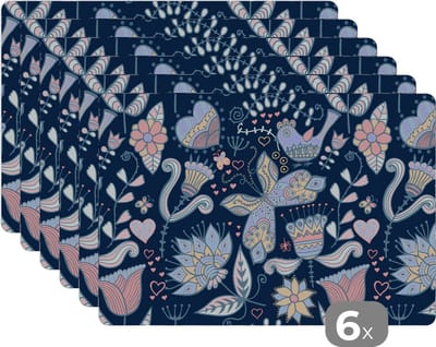 Placemat - Placemats kunststof - Vlinder - Vogel - Bloem - Patroon - 45x30 cm - 6 stuks - Hittebestendig - Anti-Slip - Onderlegger - Afneembaar