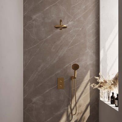 Brauer Gold Carving thermostatische inbouw regendouche 3-weg omstelling SET 31 met 20 cm douchekop en rechte muurarm en 3-standen handdouche en doucheslang en wandaansluitbocht goud geborsteld PVD