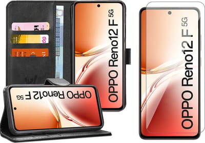 Hoesje geschikt voor Oppo Reno 12F / 12FS - Screenprotector Glas - Portemonnee Book Case Zwart