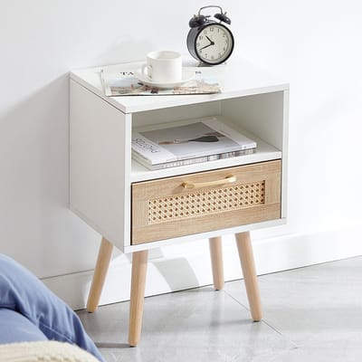 Nachtkastje rotan wit - Bijzettafel met lade en opbergruimte - MDF en massief hout - Slaapkamer en woonkamer - Wit - 40x30x55 cm