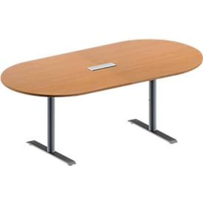 Schäfer Shop Genius Vergadertafel MODENA FLEX, in hoogte verstelbaar, 3-voudige contactdoos, ovale vorm, T-poot ronde buis, B 2000 x D 1000 mm, beukenpatroon