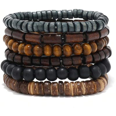 6 PIÈCES Bracelet en Cuir Tressé Wodeen pour Hommes Vintage Life Perles en Bois Mode Bracelet de Bras Masculin black