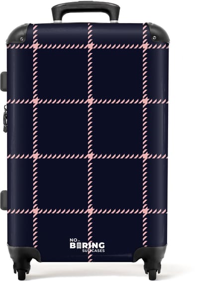 NoBoringSuitcases.com - Grote koffer dames - Donkerblauw ruitpatroon met roze visgraatlijnen - Reiskoffer met 4 wielen - Trolley op wieltjes - Rolkoffer groot vrouwen - 72 liter - Ruimbagage valies 20kg - Valiezen voor volwassenen