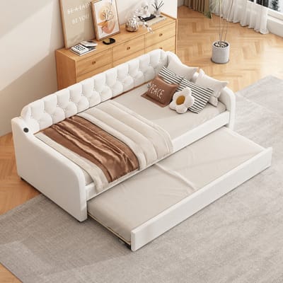 Wishdor – Slaapbank 90/180x200 cm – Uitschuifbaar onderschuifbed & USB – Linnen – Beige – Scandinavische eenvoud met slimme functies
