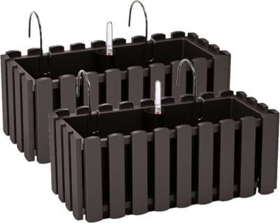 2x stuks fence-look plantenbak/bloembak - kunststof - 38 x 18 x 16 cm - antraciet - hangend - voor binnen en buiten