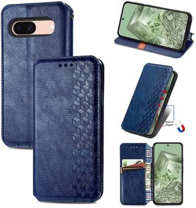 Luxe PU Lederen Ruitpatroon Wallet Case + Glas Screenprotector voor Google Pixel 8a _ Blauw