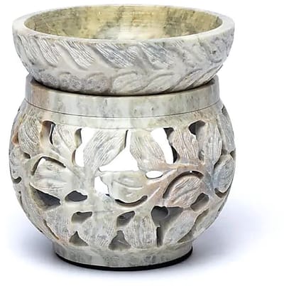 Multifunctionele brander gemarmerd zeepsteen bloemmotief – 11 cm x 12 cm