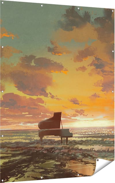 Gards Tuinposter Piano op het Strand bij Zonsondergang - 120x160 cm - Tuindoek - Tuindecoratie - Wanddecoratie buiten - Tuinschilderij