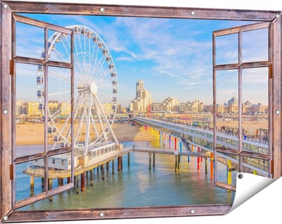 Gards Tuinposter Doorkijk Scheveningen Pier met de Ferris Wheel - Reuzenrad - 120x80 cm - Tuindoek - Tuindecoratie - Wanddecoratie buiten - Tuinschilderij